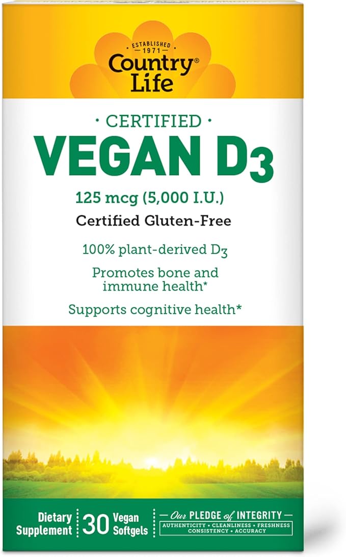 Country Life Vegan D3 5000 UI – Vitamine D3 d'Origine Végétale Issue du Lichen – Soutien Immunitaire et Osseux Haute Puissance – Certifié Végane, Sans Gluten, Sans OGM – 30 Gélules Molles