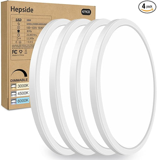 hepside 4PACK Flush Mount LED Ceiling Light Fixture White, 12Inch 28Watt, Dimmable & 3000K-4500K-6000K Ceiling Lamp 3200LM Low Profile Ceiling Light for Kitchen Bedroom Hallway Porch