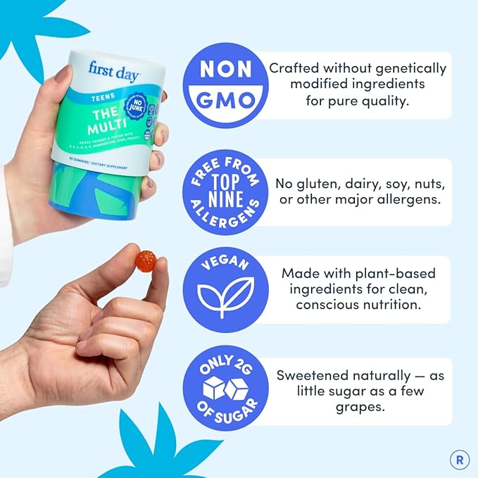 FIRST DAY Vitamines pour Adolescents - Multivitamines pour Adolescents Filles et Garçons 12-17 ans, Mélange Biologique de Fruits et Légumes - 12 Nutriments Clés : Vitamines A, B1, B2, B6, B9, B12, C, D3, E, K2 - Approvisionnement de 60 Jours