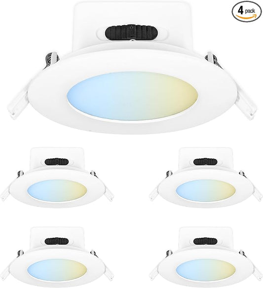 Feit Electric 4" LED Canless Recessed Downlight with Integrated J-Box, High Output, 75W Equivalent, Dimmable, 5CCT Selectable White, 90 CRI, 850 Lumens, 45-Year Lifetime, 4 Pack, LEDR4HOJBX/6WYCA/4