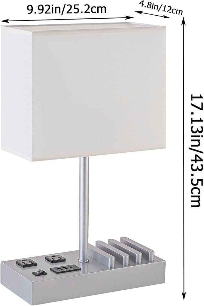 Briever USB Table Lamp, Multi-Functional Desk Lamp with 2 AC Outlets, Bedside Lamp with 3 USB Charging Ports and Wooden Phone Stands, Nightstand Lamp for Bedroom, Livingroom, Office, Silver Woodgrain