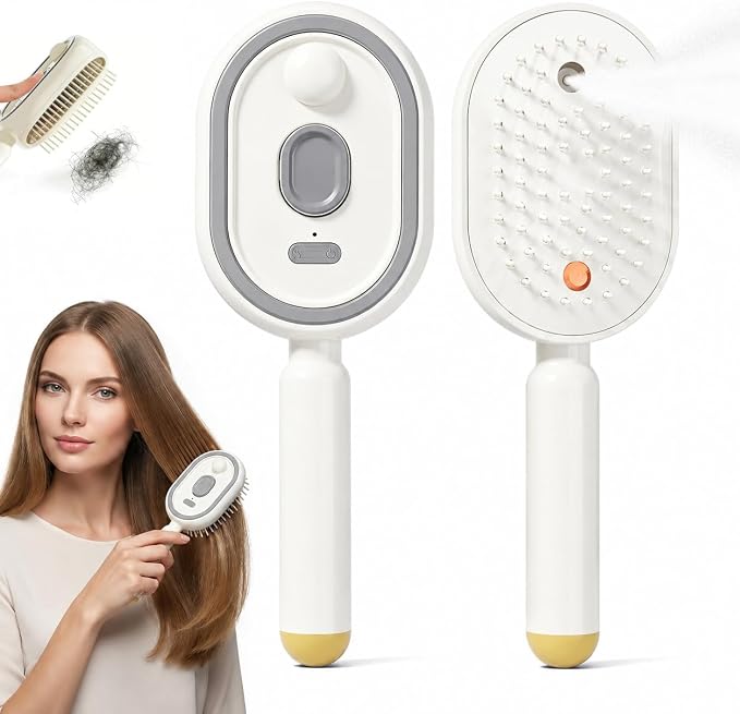 Upgrade Rechargeable 3 in 1 Self Cleaning Hair Brush with Water Spray, 2026 New Electric Steam Brush for Hair, Electric Spray Air Cushion Massage Comb for Long Short Hairs Frizz Control (White-1)