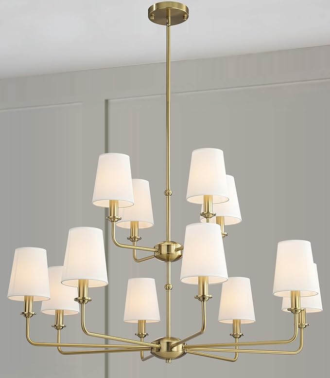 12-Light Brushed Gold Chandelier, E12 Bulb Compatible, White Fabric Shades, Adjustable Rod, Farmhouse & Industrial Style Ceiling Light for Living Room Dining Room Bedroom