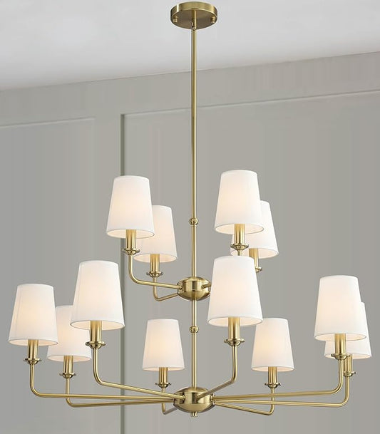 12-Light Brushed Gold Chandelier, E12 Bulb Compatible, White Fabric Shades, Adjustable Rod, Farmhouse & Industrial Style Ceiling Light for Living Room Dining Room Bedroom