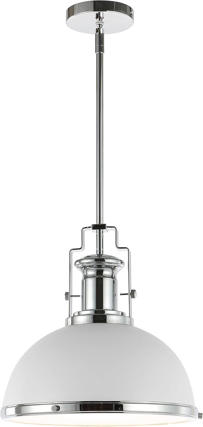 JONATHAN Y 13" Chrome/White Modern Industrial Iron LED Dome Pendant Light, Adjustable Hanging Fixture for Kitchen Island or Entryway, White Metal Shade, LED Bulb Included (JYL9536C)