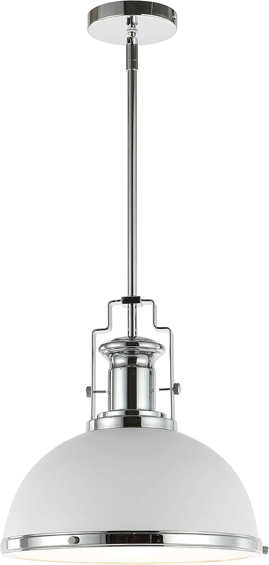 JONATHAN Y 13" Chrome/White Modern Industrial Iron LED Dome Pendant Light, Adjustable Hanging Fixture for Kitchen Island or Entryway, White Metal Shade, LED Bulb Included (JYL9536C)