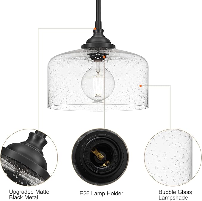 Black Vintage Pendant Lights Kitchen Island, Adjustable Height Kitchen Pendant Lighting Over Sink, Bathroom Hanging Lights With Bubble Glass, Dual Mount Ceiling & Hanging Fixtures With 90° Swivel
