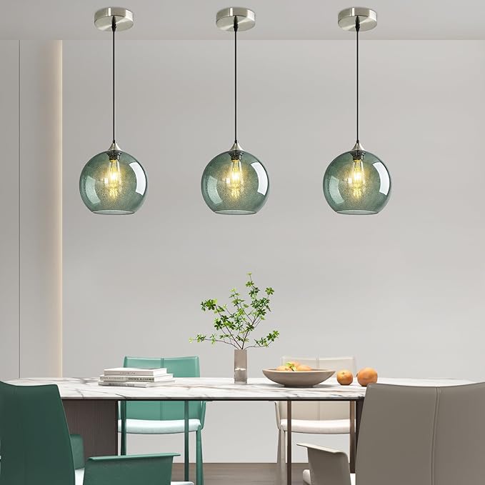 Modern 3-Pack Glass Globe Pendant Lights, Gray Green Modern Pendant Lighting for Kitchen Island, Glass Hanging Lamps for Dining Room Living Room Bedroom, Large 9.85 Inch Fixture (Bulbs Not Included)
