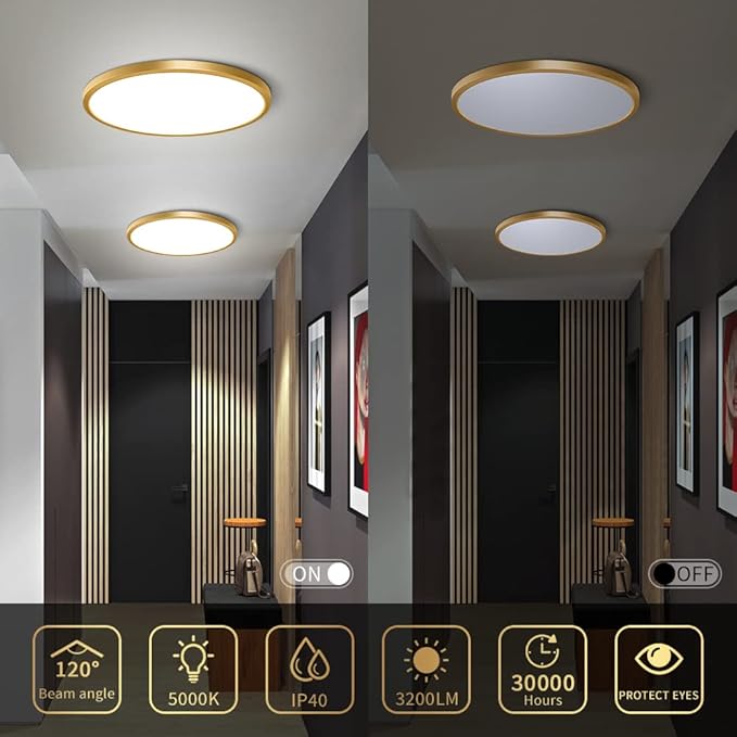 12 Inch Gold Flush Mount Ceiling Light, 2 Pack 24W 3200LM 5000K Daylight White LED Ceiling Light Fixture, Ultra Thin Round Flat Ceiling Light for Bedroom, Kitchen, Bathroom, Hallway