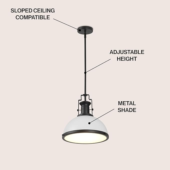 JONATHAN Y 13" Matte Black/White Modern Industrial Iron LED Dome Pendant Light, Adjustable Hanging Fixture for Kitchen Island or Entryway, White Metal Shade, LED Bulb Included (JYL9536E)