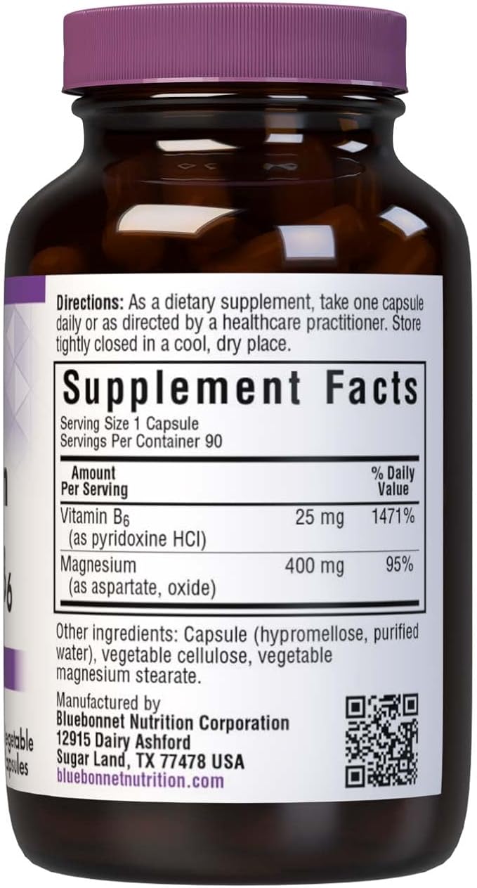 Bluebonnet Nutrition Magnésium et B6 – 400 mg Oxyde et aspartate de magnésium avec vitamine B6 25 mg – Complexe de magnésium pour le cœur et le cerveau pour femmes et hommes* – Sans OGM, végétalien, sans gluten – 90 gélules végétales