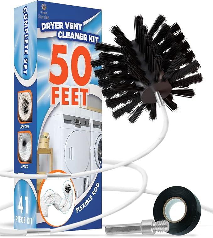 The Professional Dryer Vent Cleaner Kit -(50-Feet) Innovative Lint Remover Reusable Strong Nylon| Flexible Lint Brush with Drill Attachment for Faster Cleaning