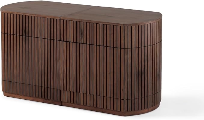 Transformer Table Round Sideboard Buffet Cabinet, Royal Brown | Hidden Drawers, Solid Wood, Integrated Table Panel Storage, Modern Dining Room