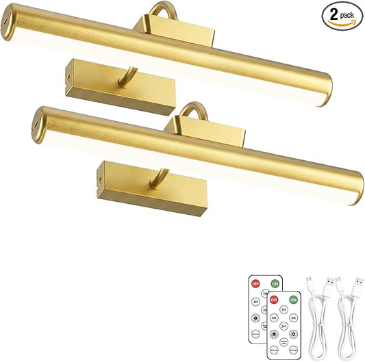 13" Aluminum Wireless Picture Lights for Wall, 5000mAh Rechargeable Battery Operated Wall Art Lighting, Dimmable 3-Color Gallery Painting Light for Pictures On Wall, with Remote/Timer [Gold, 2Pack]