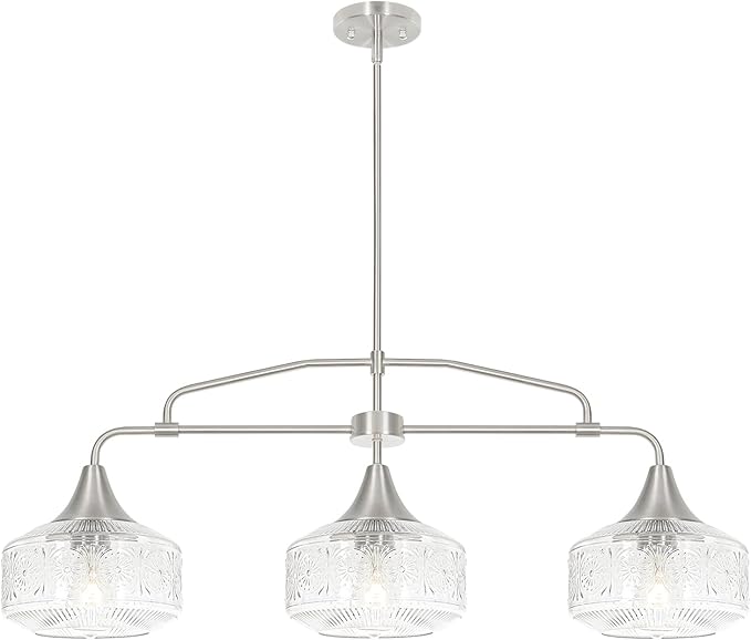 3-Light Island Light for Kitchen, Adjustable Farmhouse Kitchen Island Lighting with Clear Glass, Brushed Nickel Dining Room Light Fixture Over Table, Linear Chandelier Pendant Lighting over Sink