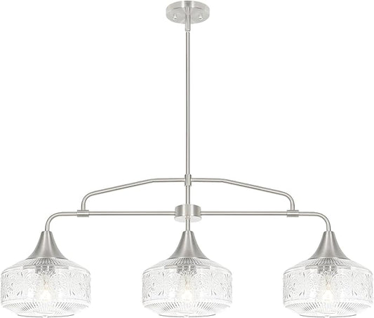 3-Light Island Light for Kitchen, Adjustable Farmhouse Kitchen Island Lighting with Clear Glass, Brushed Nickel Dining Room Light Fixture Over Table, Linear Chandelier Pendant Lighting over Sink