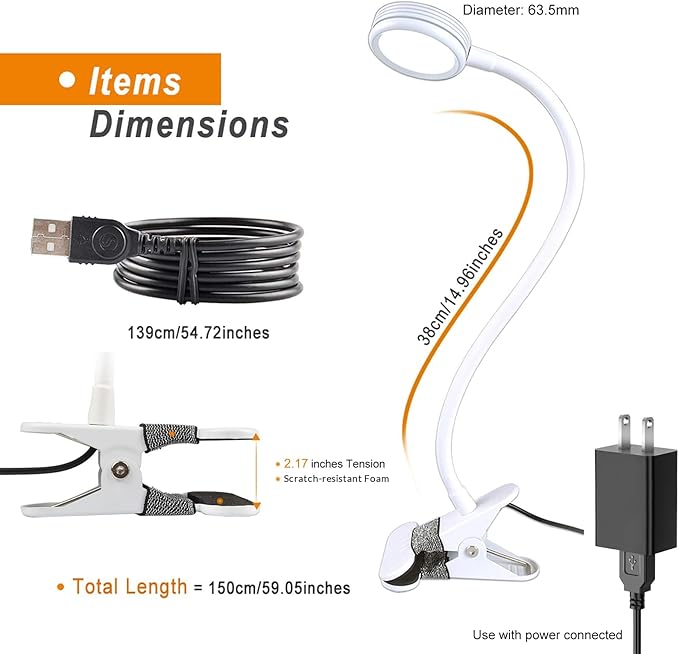 LEPOWER Clip on Light/Reading Lights/Book Light Color Changeable/Night Lights Clip on for Desk, Bed Headboard and Computers, Adapter Included (White)
