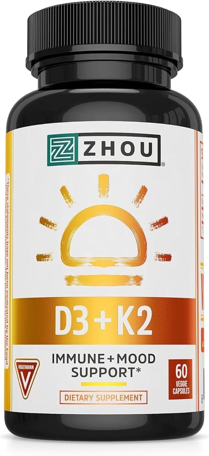 Zhou D3+K2 - Complément Vitamine D3 K2 pour femmes et hommes, soutien immunitaire Vit D3 et K2, formule végétarienne pure avec 5000 UI de D3 et MK-7 - 60 gélules végétariennes (lot de 1)