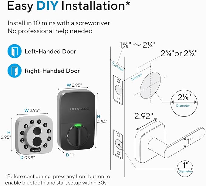 ULTRALOQ Bolt SE Smart Lock with Handle, Built-in Wi-Fi, Matter Over Thread, Works with Apple Home, Alexa, Google, Keyless Deadbolt with Fingerprint, App, Code, Remote Control, Gray