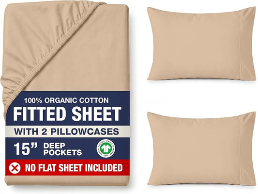 LANE LINEN Full Fitted Sheet Set (No Flat Sheet) - 100% Organic Cotton Soft & Breathable Percale Weave Fitted Sheet Set for Added Comfort - 15'' Deep Pocket for Snug Fit - GOTS Certified - Taupe