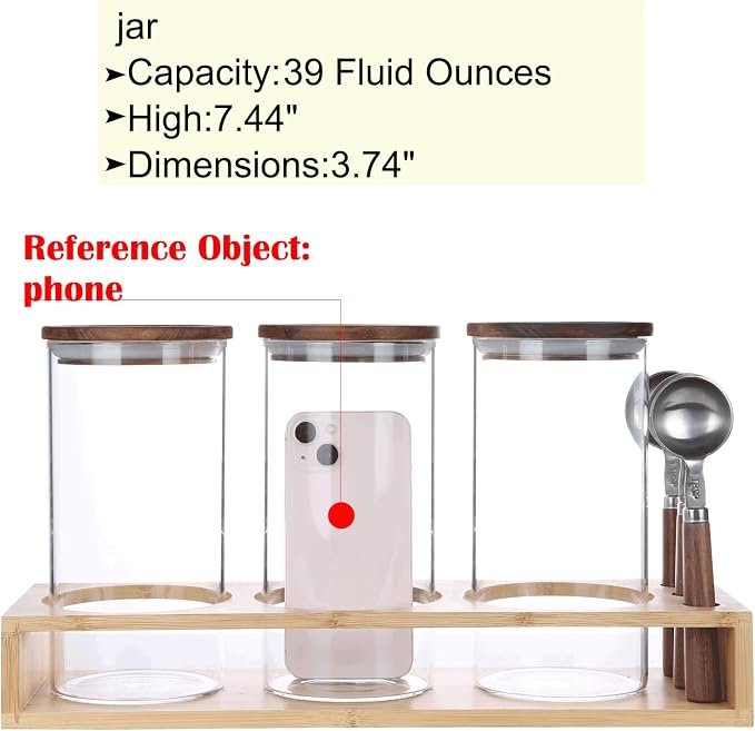 KKC Airtight Coffee Canister and Sugar Container Set with 3 Wooden Handle 1 TBSP Spoons - 3 Pack 39 oz Large Glass Storage Jars with Bamboo Stand, Countertop Coffee Station Organizer Bar Accessories