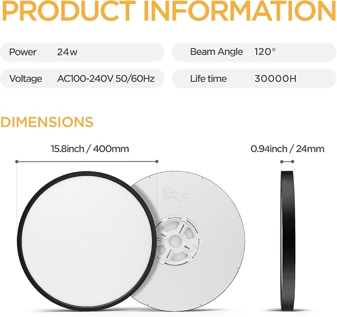 TALOYA 2-Pack 15.8" LED Flush Mount Ceiling Light Fixture,24W 5CCT,Black | 100–240 VAC Input,Edge-Lit LED Modern Ceiling Lamp for Living Room,Bedroom,Hallway,Kitchens