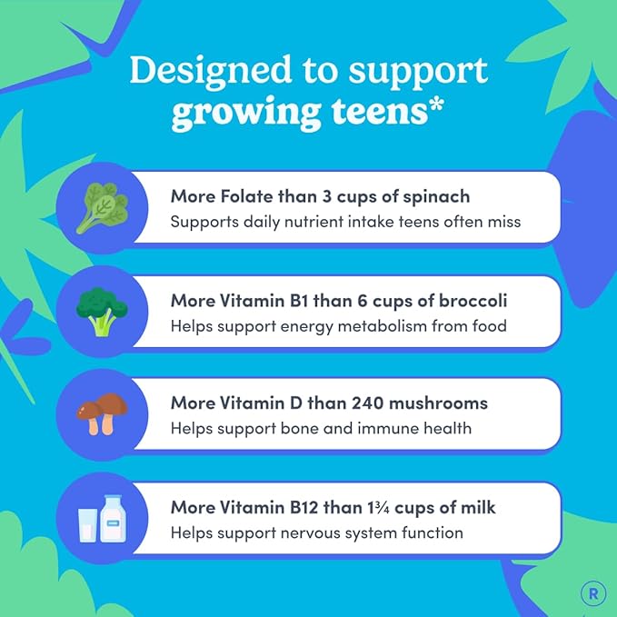 FIRST DAY Vitamines pour Adolescents - Multivitamines pour Adolescents Filles et Garçons 12-17 ans, Mélange Biologique de Fruits et Légumes - 12 Nutriments Clés : Vitamines A, B1, B2, B6, B9, B12, C, D3, E, K2 - Approvisionnement de 60 Jours