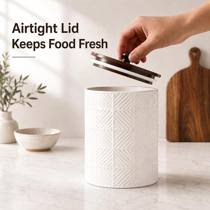 Ceramic Canisters Sets for the Kitchen - Kitchen Canisters for Countertop with Airtight Bamboo Lids - Ceramic Canister Set of 3 for Flour, Sugar, Tea or Spice - Airtight Coffee Canister