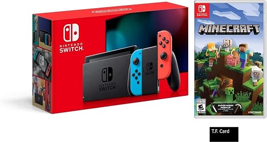 Nintendo Switch Deluxe Holiday Game Bundle: Nintendo Switch with Neon Blue and Neon Red - 6.2" Touchscreen LCD Display + Nintendo Switch Minecraft Game and T.F. Card (Renewed)