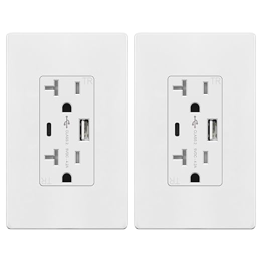 TOPGREENER USB Outlet, 4.2A Type C USB Wall Outlet, 20 Amp Tamper-Resistant Receptacle, Charging Power Outlet with 2 USB Ports, Wall Plate Included, TU22036AC-W-2PCS, White, 2 Pack