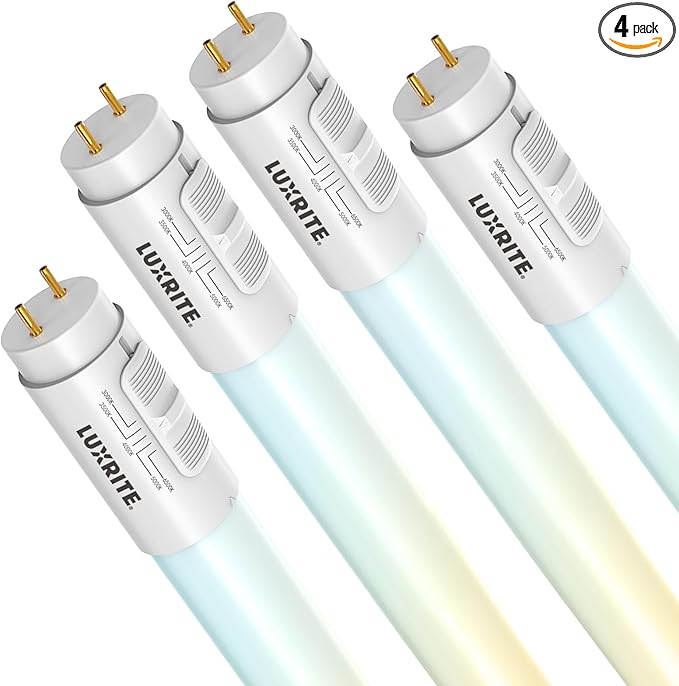 LUXRITE 4FT LED Tube Light, T8, 12W/15W/18W, 5CCT 3000K-6500K, 1620/1950/2250LM, 220°, Ballast Compatible or Bypass, Single/Double End, Fluorescent Replacement, Damp Rated, UL and DLC Listed (4 Pack)