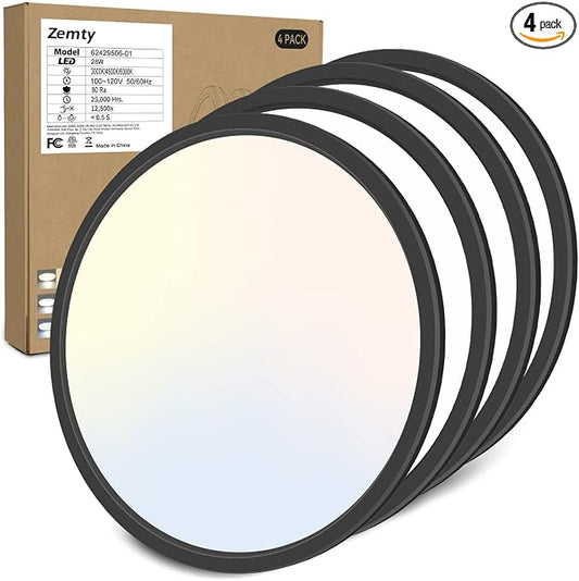 zemty 4Pack 12 Inch LED Ceiling Light Flush Mount, 24W 2640lm Super Slim Flush Mount Ceiling Lamp Fixtures, 3000K/3500K/4000K/5000K/6500K Selectable for Bedroom Bathroom Kitchen Living Room (Black)