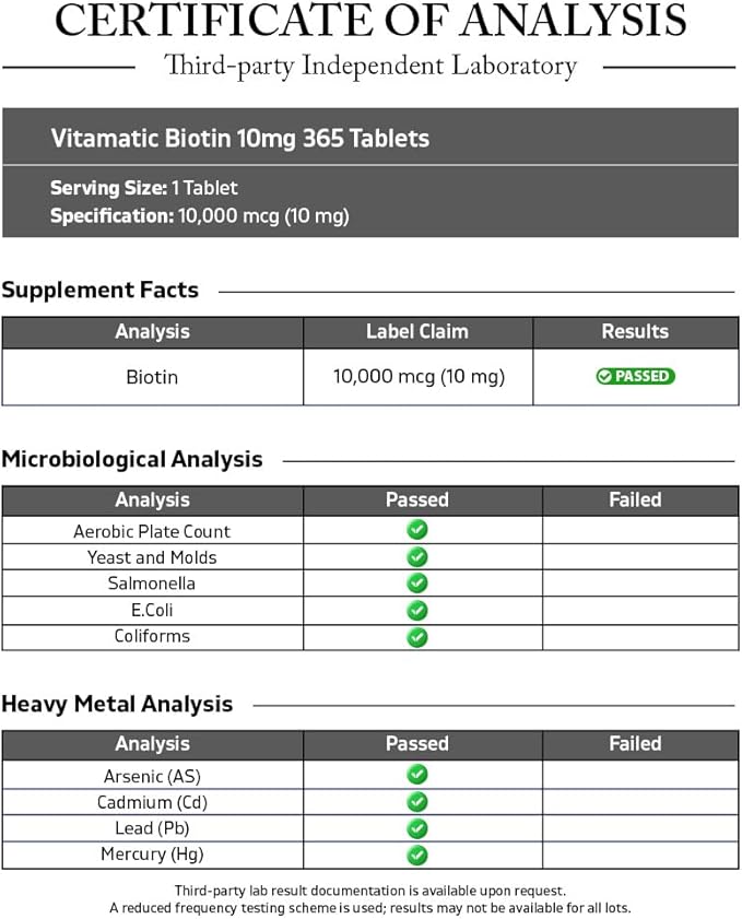 Vitamatic Biotin 10,000 mcg (10 mg) for Stronger Hair, Skin & Nails - 365 Vegan Tablets- Also Called Vitamin B7