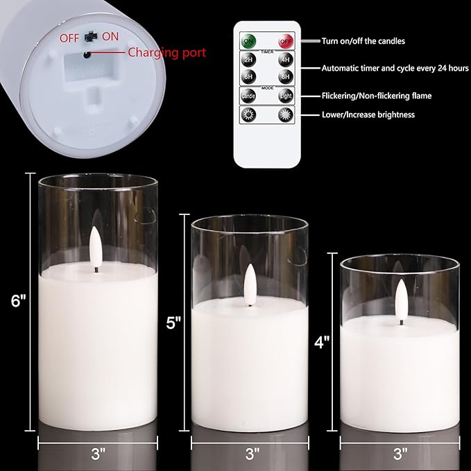 GenSwin Rechargeable Flameless Candles with Remote Timer, Clear LED Battery Operated Candles with Flickering Flame, Glass and Real Wax Pillar Candle Holiday Home Decor(Set of 3, D3”xH4”5”6”)