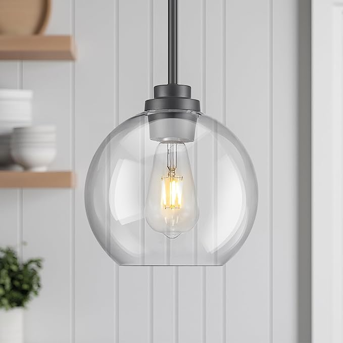 Black Pendant Lights Kitchen Island, 8" Pendant Light Fixtures with Globe Clear Glass Shade, Modern Kitchen Island Lighting, AD-22280-1PL-BK