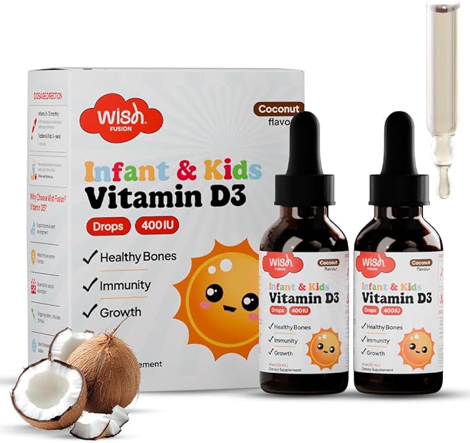 Kids Vitamin D Drops for Infants, Baby Vitamin D Drops for Bone Health, Immunity & Growth, Vitamin D3 Liquid Drops for Toddlers, Easy Absorption, 2 x 30ml Bottles