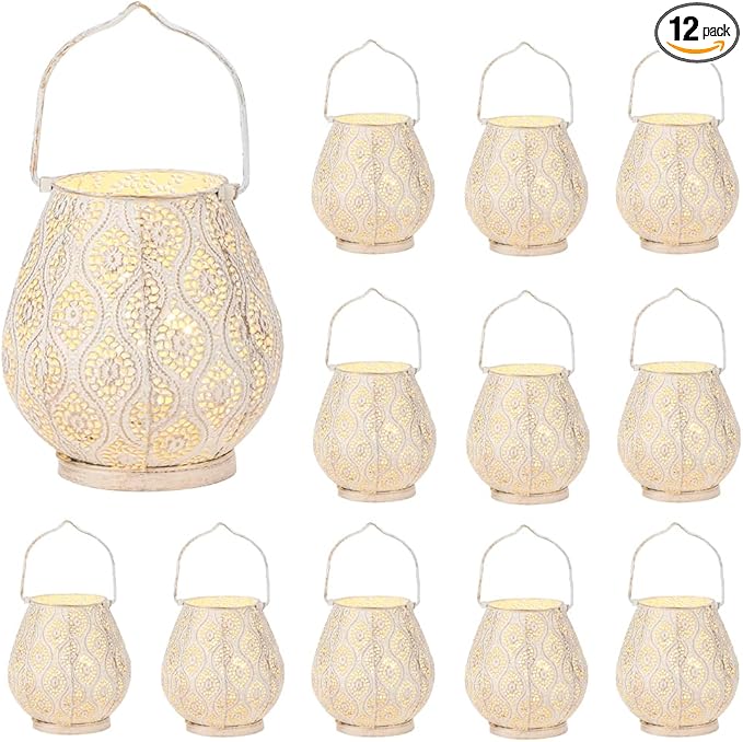 TRIROCKS Set of 12 Moroccan Decorative Lamps 8'' High Battery Powered Cordless Lamp Metal Table Lamps with Fairy Lights Bulb for Home Room Garden Yard Party Events Tabletop Indoor Outdoor(White)