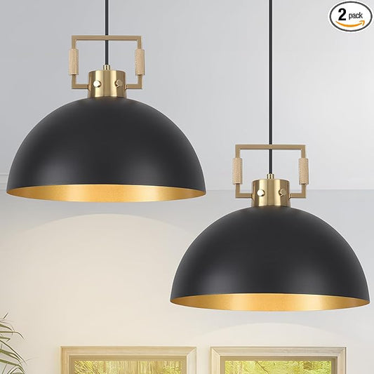 Matte Black Farmhouse Pendant Light 2 Pack Adjustable Height Vintage Hanging Industrial Ceiling Lights Fixture for Kitchen Island Hallway Dining Room Dome Chandelier Modern Pendant Lighting 12''