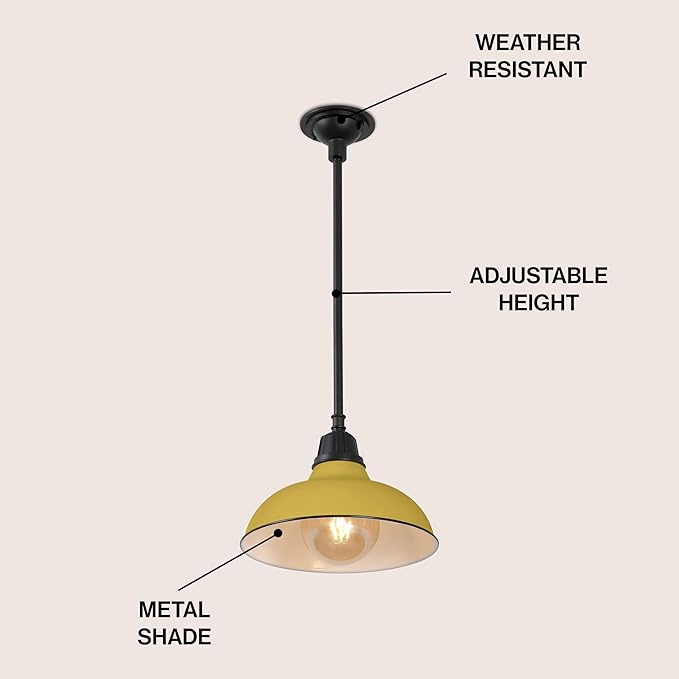 JONATHAN Y 12.25" Matte Yellow 1-Light Farmhouse Indoor/Outdoor LED Pendant Iron Hanging Light, and Black Metal Shade, Rustic Ceiling Lamp for Kitchen Island, LED Bulb Included (JYL7611H)