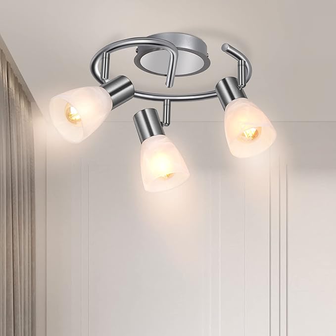 HiBay 3-Light Ceiling Light Fixture, Modern Sliver Adjustable LED Track Lighting Round Spot Lights, Directional Spotlight with Glass Shade for Kitchen Bedroom, Incl 3× 4W E12 Bulbs