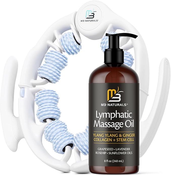 Kit Huile & Rouleau de Massage Lymphatique pour la Massothérapie - Huile et Masseur de Drainage Lymphatique Ylang Ylang & Gingembre pour la Circulation et le Soutien à la Détoxification, Formule Non Grasse et Rouleau Facile à Utiliser (236 ml) par M3