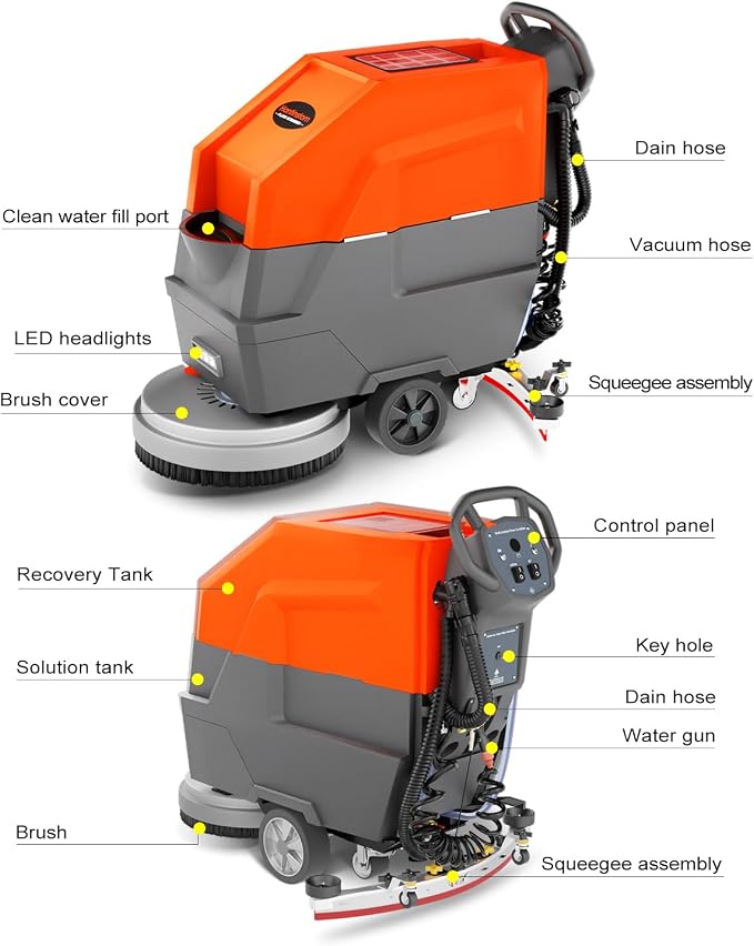 HANTINSTOM Walk Behind Commercial Floor Scrubber with 20" Ultra-Wide Scrubbing Path,High-pressure Watergun，LED Light，14.5 Gal Large Solution Tank,4 Hours Cordless Working Time,23,700 Sqft/h