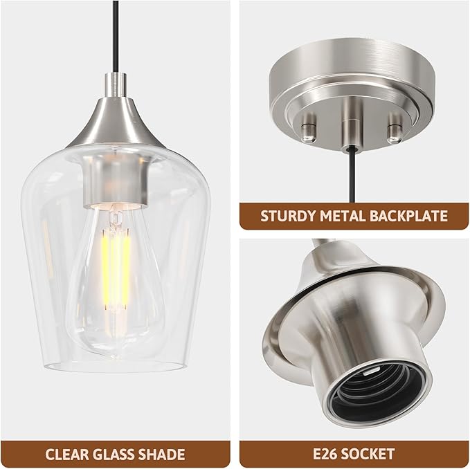 VONLUCE Pendant Lights Kitchen Island, Brushed Nickel Pendant Light Fixtures with E26 Base & Adjustable Cable, Modern Pendant Lighting with Glass Shade for Living Room Bedroom Hallway, 3 Packs