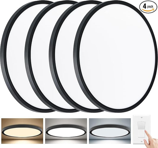 3520LM Dimmable LED Flush Mount Ceiling Light, 15.8 Inch Edge-Lit Flat Fixture, 3000K/4000K/5000K 3 Color Temperature Selectable, Close to Ceiling Lighting for Bedroom Kitchen Laundry,4Pack Black