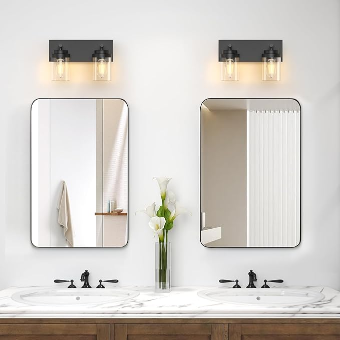 IZORRO Bathroom Vanity Light Fixture, 2-Light 15 Inch Matte Black Bathroom Light Fixtures Over Mirror, with Clear Glass Shade, Modern Farmhouse Vanity Lights, Rustic Restroom Lighting Fixtures