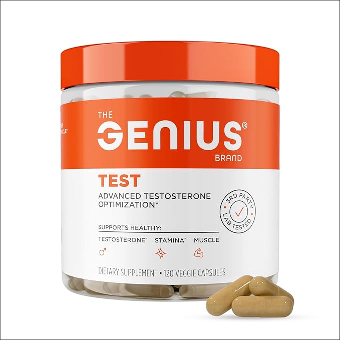 Genius Test, Advanced Testosterone Booster for Men - Natural Stamina, Endurance, Energy & Strength Enhancing Supplement - Lean Muscle Builder, Brain & Libido Support Male Supplements, 120 Veggie Pills