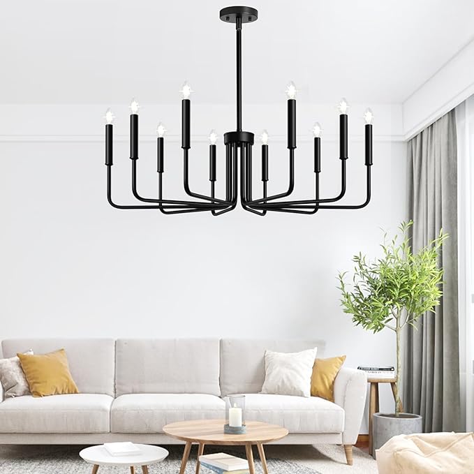 Lynnoland Black 10-Light Chandelier, Farmhouse Chandeliers for Dining Room Lighting Fixtures Hanging, Vintage Candle Pendant Light Fixtures Chandelier for Bedroom, Foyer and Living Room