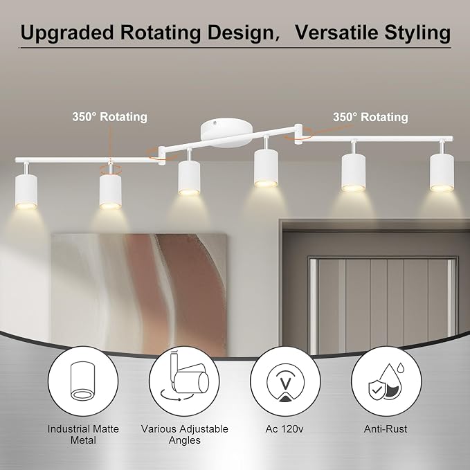 AUQUEE 6 Light Track Lighting Fixtures Ceiling, Matte White Kichen Track Lighting Fixtures with Rotatable Light Heads, Foldable Lamp Arms, Modern LED Track Lights for Kitchen/Hallway, No GU10 Bulb