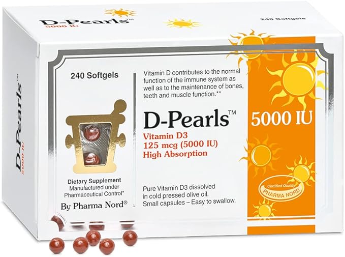 D-Pearls Vitamine D3 5000 UI (125mcg) | Facile à avaler | Choisi pour une étude immunitaire majeure [1] | Supplément actif de Vitamine D dans de l'huile d'olive pressée à froid pour le soutien immunitaire, la santé des dents, des muscles et des os