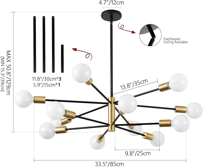 KAISITE Modern Chandelier 12-Light Sputnik Chandeliers Black and Gold Chandelier Light Fixtures for Dining Room Over Table Mid Century Height Adjustable High Ceiling Kitchen Farmhouse Chandelier